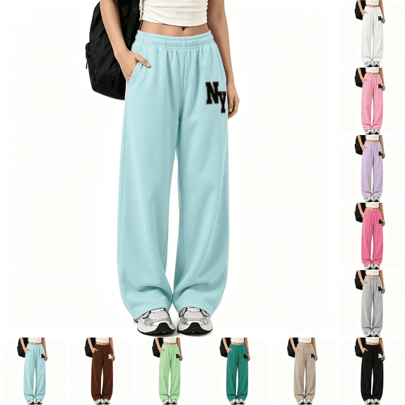 Asgosdo Girls Teen Sweatpants Elastic Waisted Cute Print Wide Leg Baggy Pants with Side Pockets Soft Child School Pants Size 5-14Y