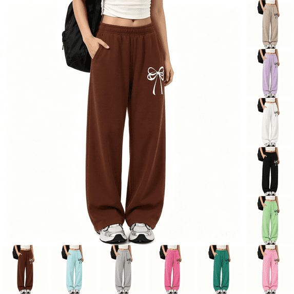 Asgosdo Girls Teen Sweatpants Elastic Waisted Cute Print Wide Leg Baggy Pants with Side Pockets Soft Child School Pants Size 5-14Y