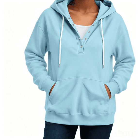 Asgosdo Hoodies for Women Long Sleeve Button Collar Drawstring Hooded Tops Loose Fit Sweatshirts Comfy Casual Winter Pullover