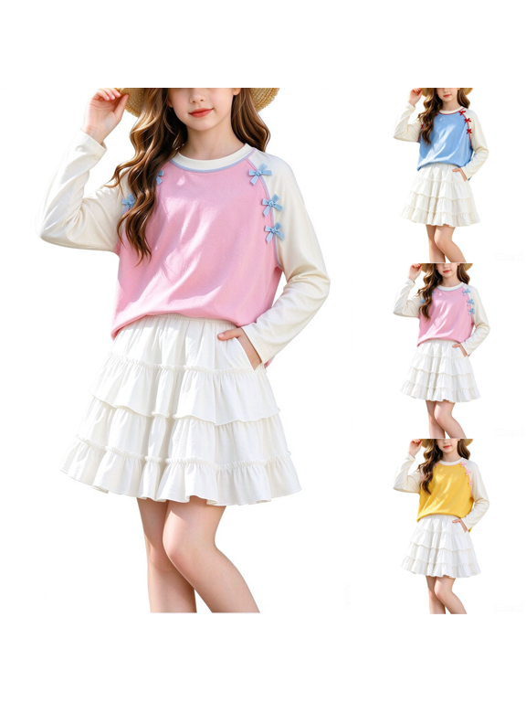 Long Sleeve Shirts for Girls Bowknot Color Block Tops Casual Cute Fall Winter Outfits Size 3-13Y