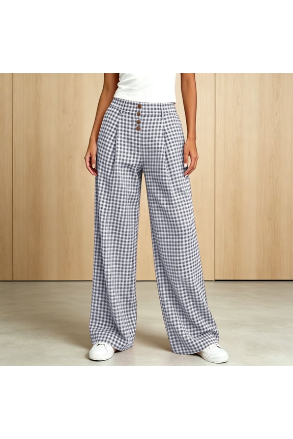 Pants for Women High Waisted Button Grid Wide Straight Leg Palazzo Loose Fit Casual Flowy Trousers