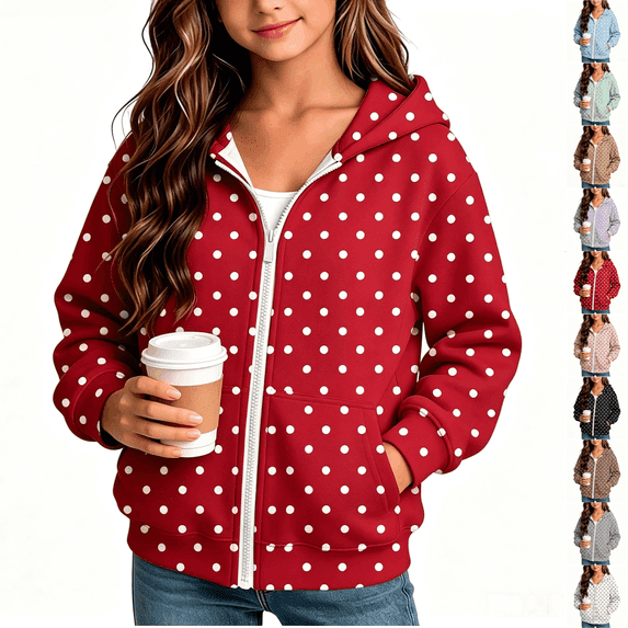 Asgosdo Polka Dot Jackets for Girls Zip Long Sleeve Cute Lightweight Hooded Jacket with Pocket Size 4-12Y