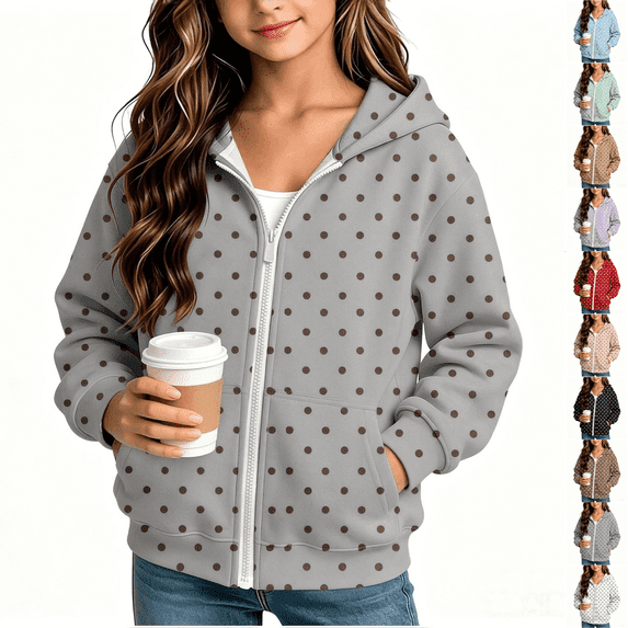 Asgosdo Polka Dot Jackets for Girls Zip Long Sleeve Cute Lightweight Hooded Jacket with Pocket Size 4-12Y