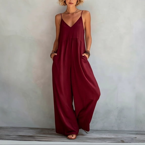 Asgosdo Rompers for Women V Neck Sleeveless Spaghetti Strap Wide Straight Leg Baggy Cozy Jumpsuits with Pockets