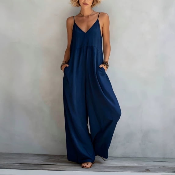 Asgosdo Rompers for Women V Neck Sleeveless Spaghetti Strap Wide Straight Leg Baggy Cozy Jumpsuits with Pockets