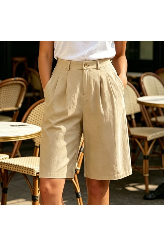 Summer Bermuda Shorts for Women High Waisted Botton Pleated Wide Leg Casual Basic Short with Pockets