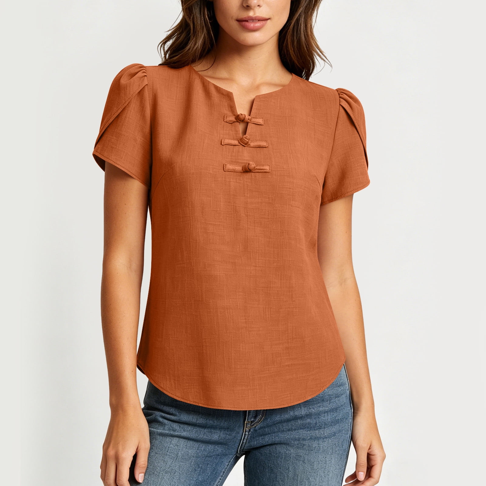 Asgosdo Summer Tops for Women Petal Sleeves Frog Button Decor Shirts ...