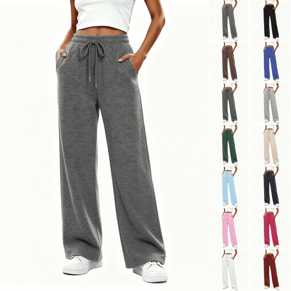 Asgosdo Sweatpants for Women Wide Leg Baggy Fleece Lined Drawstring High Waisted Casual Workout Pants Fall Lounge Pants with Pockets