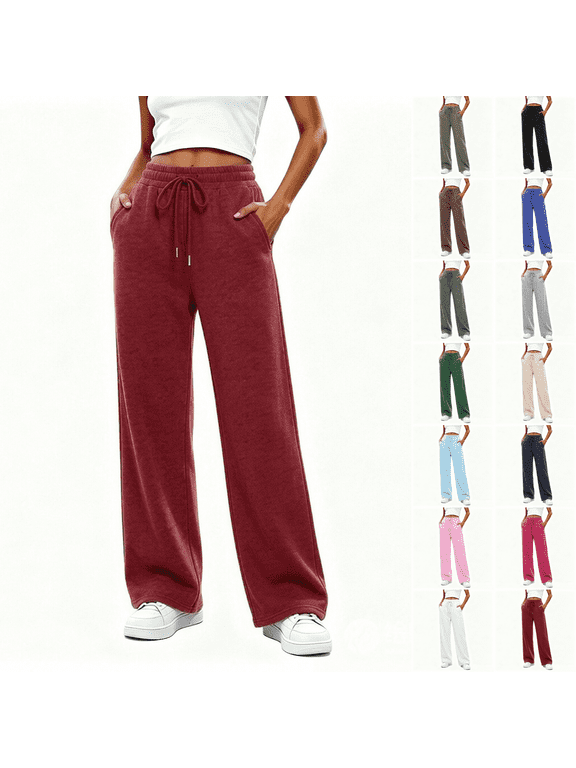 Wide Leg Sweatpants for Women Fleece Lined Drawstring High Waisted Casual Baggy Workout Pants Fall Lounge Pants with Pockets