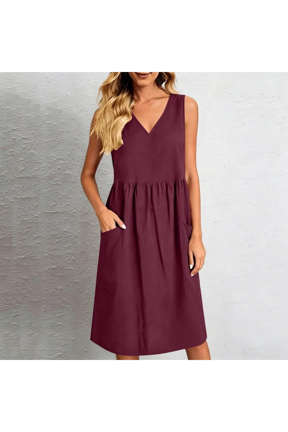 Tank Dresses for Women V Neck Sleeveless Waisted Solid Color Basic Casual Lounge Midi Dress with Pockets