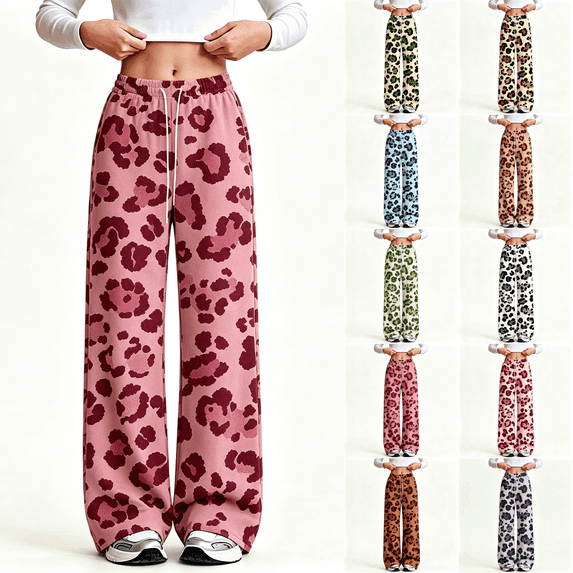 Asgosdo Teen Girls Wide Leg Sweatpants Cheetah Print Drawstring High Elastic Waisted Fall Lounge Leopard Pants Size 5-15Y
