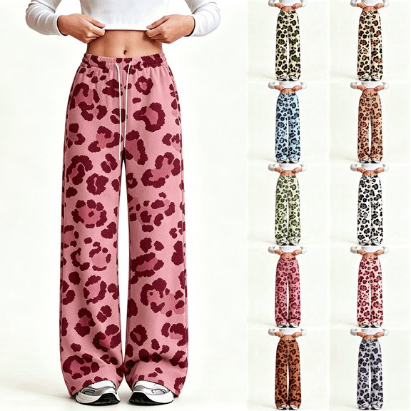 Asgosdo Teen Girls Wide Leg Sweatpants Cheetah Print Drawstring High Elastic Waisted Fall Lounge Leopard Pants Size 5-15Y