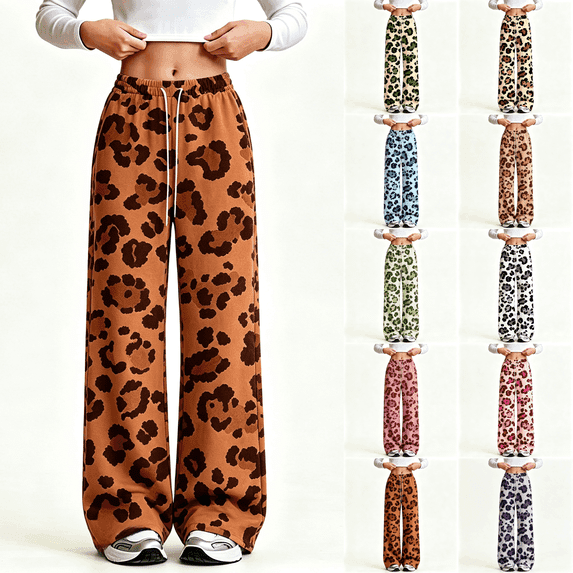 Asgosdo Teen Girls Wide Leg Sweatpants Cheetah Print Drawstring High Elastic Waisted Fall Lounge Leopard Pants Size 5-15Y