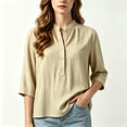 thumbnail image 1 of Asgosdo Tops for Women 3/4 Sleeve Collared Half Button Pleated Loose Fit Blouses Casual Comfy All Season Shirts, 1 of 5