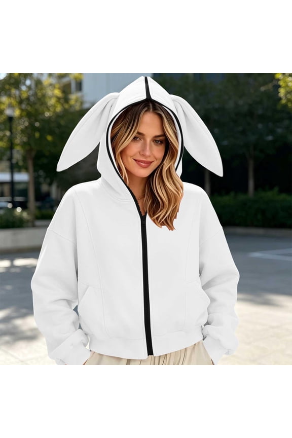 Women 3D Bunny Ear Hooded Full Zip Cropped Sweatshirt Jacket Kangaroo Pocket Solid Ladies Winter Casual Outerwear