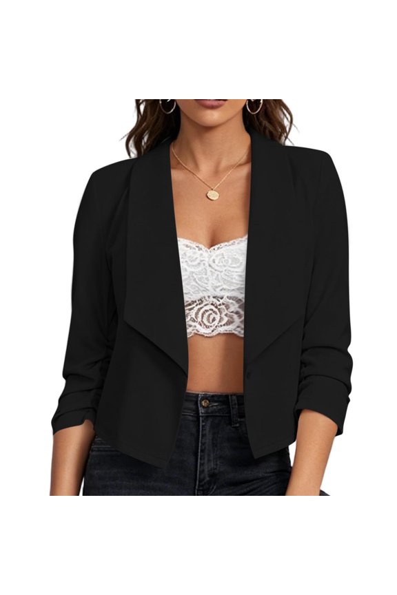 Women Blazer Coat Long Sleeve Waterfall Lapel Burgundy Solid Open Front Cropped Casual Cardigan Blouses Spring Womens Outerwear Tops