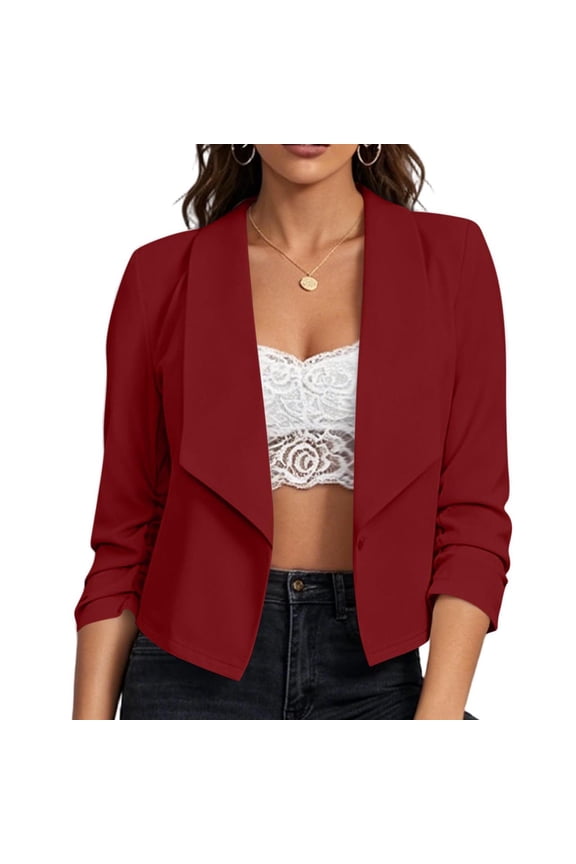 Women Blazer Coat Long Sleeve Waterfall Lapel Burgundy Solid Open Front Cropped Casual Cardigan Blouses Spring Womens Outerwear Tops