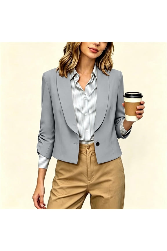 Women Blazer Jacket 3/4 Ruched Sleeve Waterfall Lapel Black Solid Single Button Cropped Casual Outerwear Tops All Season Womens Blouses