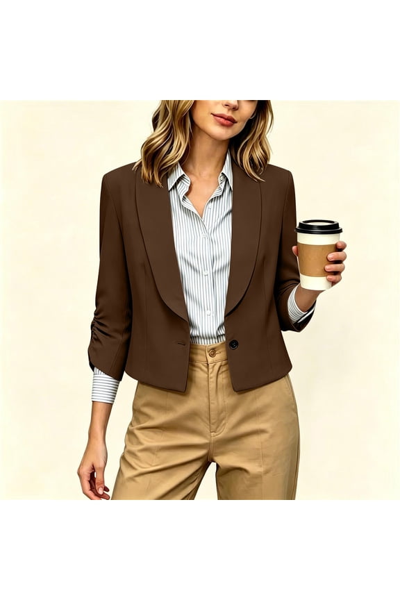 Women Blazer Jacket 3/4 Ruched Sleeve Waterfall Lapel Black Solid Single Button Cropped Casual Outerwear Tops All Season Womens Blouses