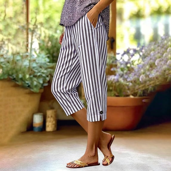 Asgosdo Women Capris Pants High Waisted Side Slit Striped Casual Basic Beach Vacation Pants with Pockets