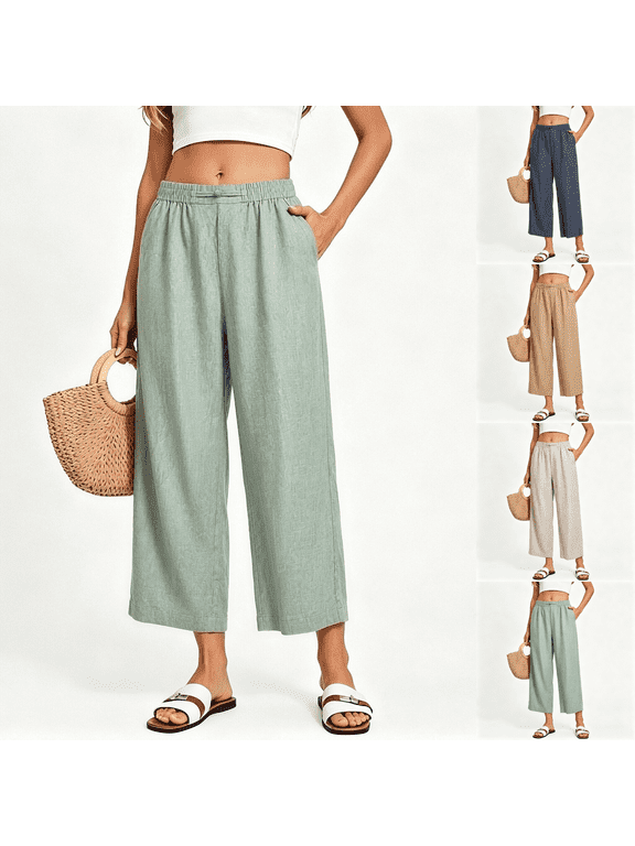 Women Cotton Linen Cropped Pants Elastic High Waist Wide Leg Trousers Casual Summer Loose Culottes S XXXL