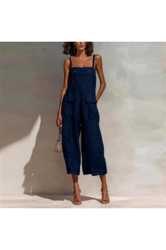 Women Cotton Linen Overalls Square Neck Sleeveless Capris Rompers Casual Comfy Jumpsuits with Pockets