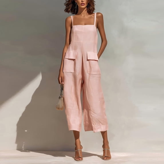 Asgosdo Women Cotton Linen Overalls Square Neck Sleeveless Capris Rompers Casual Comfy Jumpsuits with Pockets