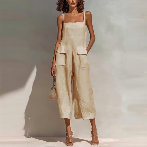 Asgosdo Women Cotton Linen Overalls Square Neck Sleeveless Capris Rompers Casual Comfy Jumpsuits with Pockets