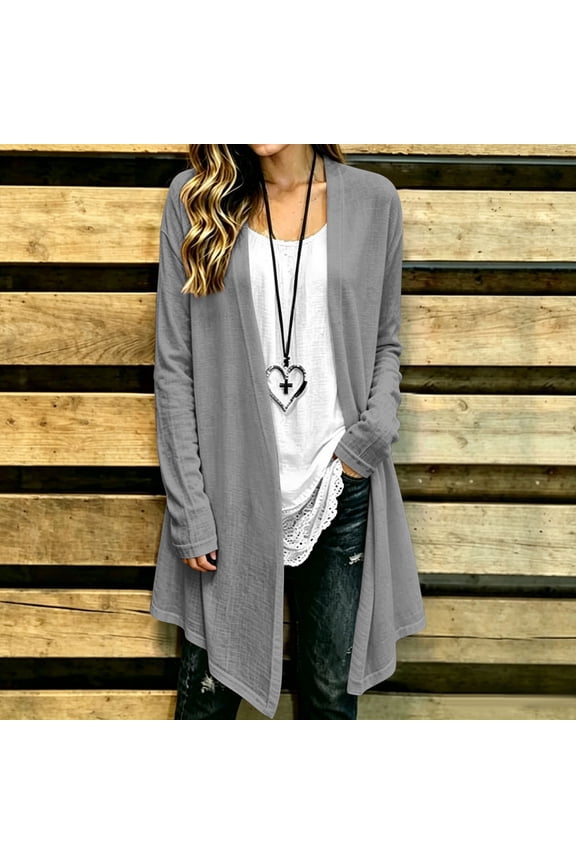 Women Cotton Linen Raglan Long Sleeve Open Front Asymmetric Hem Cardigan Jacket Coat