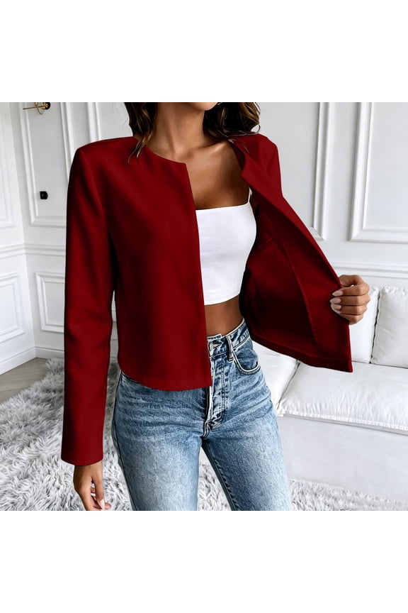 Women Crew Neck Open Front Cropped Blazer Long Sleeve Stretch Solid Fashion Casual Ladies Daily Outerwear