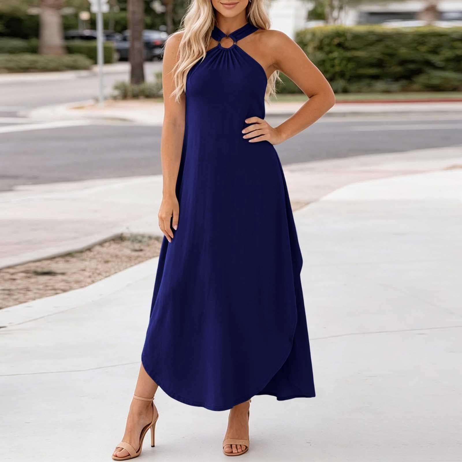 Asgosdo Women Dresses Halter Sleeveless Solid Color Loose Fit Side Slit Formal Wedding Pageant Party Maxi Dress
