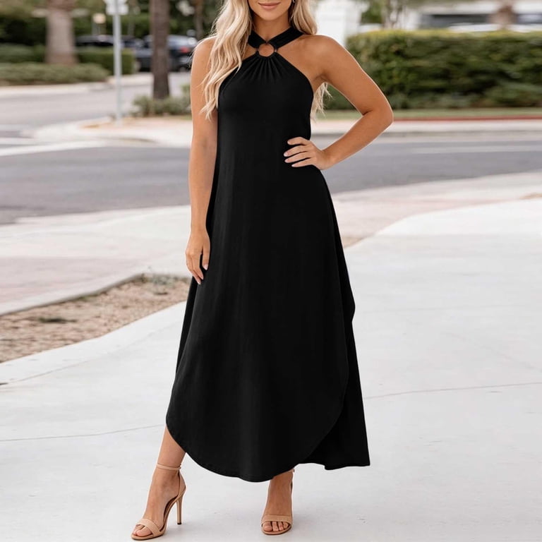 formal loose fitting dresses Asgosdo Women Dresses Halter Sleeveless Solid Color Loose Fit Side Slit Formal Wedding Pageant Party Maxi Dress, Women's, Size: Large, Black