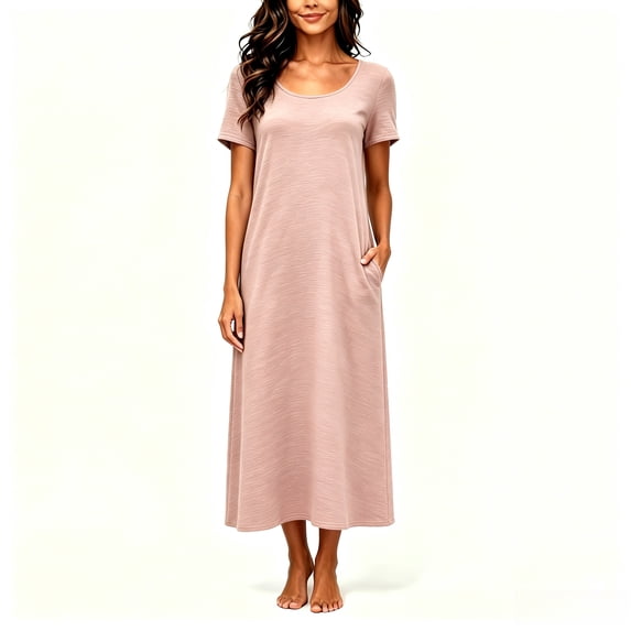Asgosdo Women Dresses Short Sleeve Solid Color Loose Fit Comfy Soft Lounge Maxi Dress with Pocket