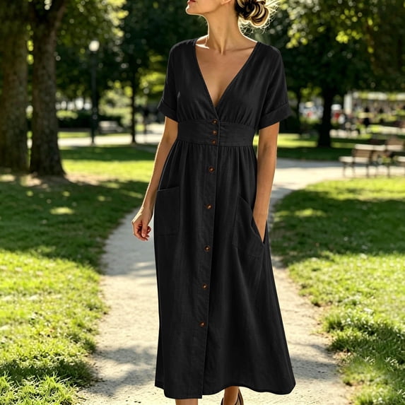 Asgosdo Women Dresses Summer V Neck Short Sleeve Pleated Botton Casual Going Out Maxi Dress with Pockets
