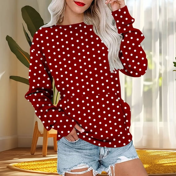 Asgosdo Women Fall Sweatshirts Long Sleeve Polka Dot Print Tops Cute Breathable Loose Fit Shirts with Pocket