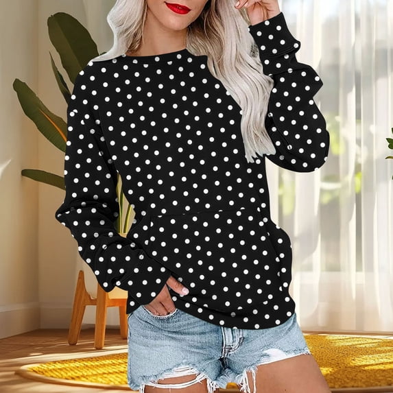 Asgosdo Women Fall Sweatshirts Long Sleeve Polka Dot Print Tops Cute Breathable Loose Fit Shirts with Pocket