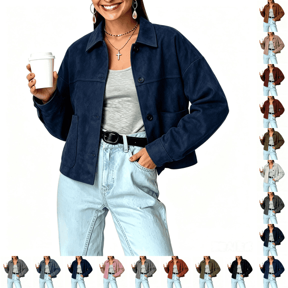 Asgosdo Women Faux Suede Cropped Bomber Jackets Soft Lined Lapel Button Down Casual Lightweight Coats Fall Winter Outerwear with Pockets