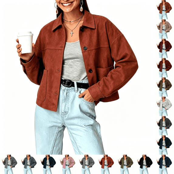 Asgosdo Women Faux Suede Cropped Bomber Jackets Soft Lined Lapel Button Down Casual Lightweight Coats Fall Winter Outerwear with Pockets