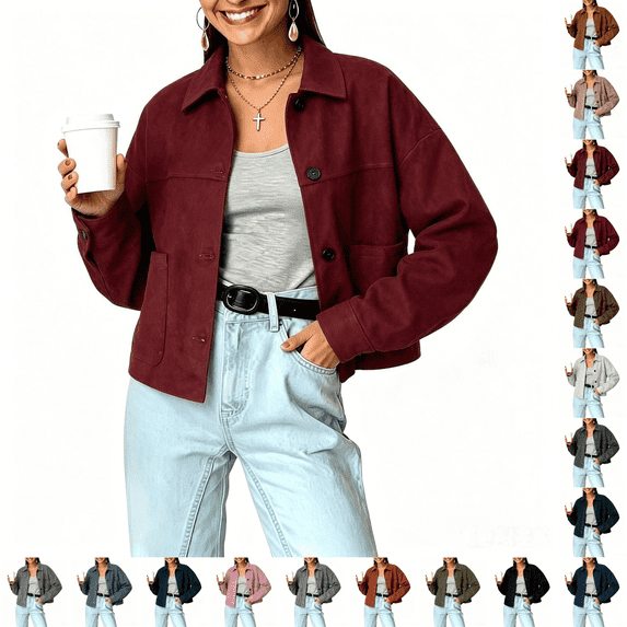 Asgosdo Women Faux Suede Cropped Bomber Jackets Soft Lined Lapel Button Down Casual Lightweight Coats Fall Winter Outerwear with Pockets