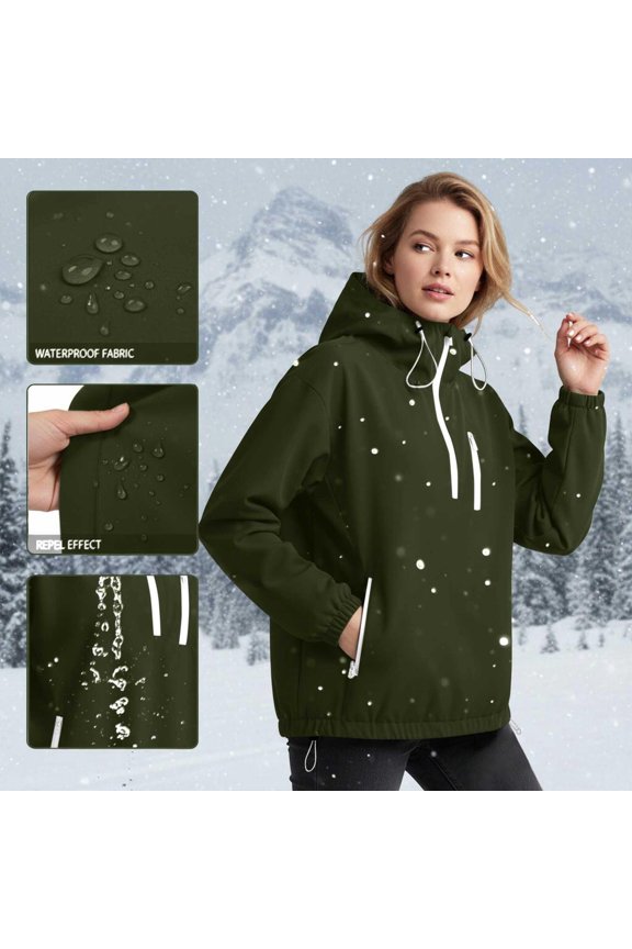 Women Half Zip Drawstring Hooded Waterproof Anorak Jacket Zipper Pocket Solid Ladies Outdoor Rain Daily Outerwear