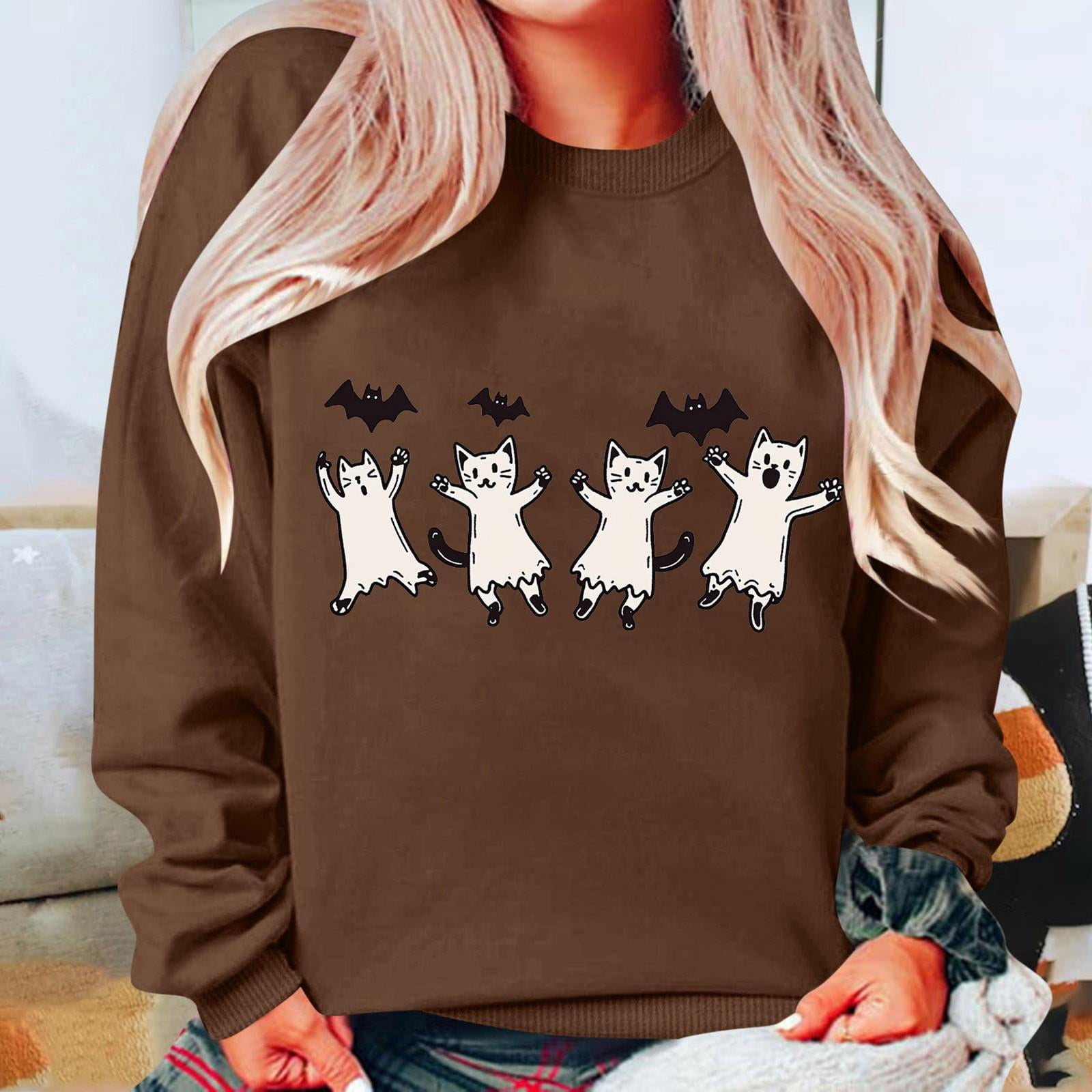 Asgosdo Women Halloween Sweatshirts Crew Neck Long Sleeve Print Shirts