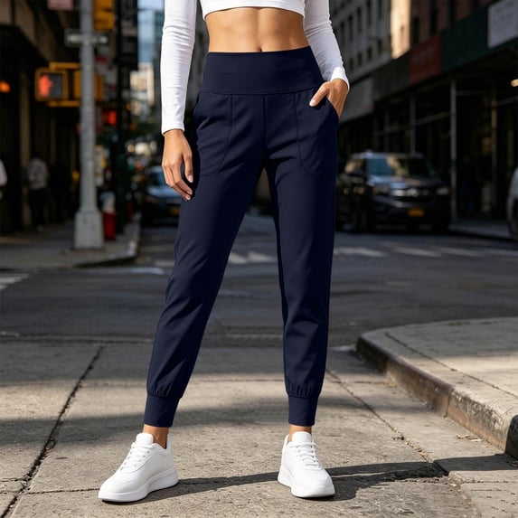 Asgosdo Women High Waist Yoga Jogger Pants Side Pockets Stretch Solid Casual Athletic Cuffed Trousers