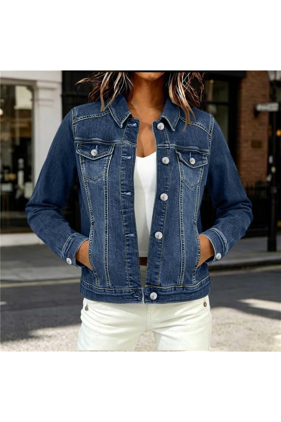 Women Lapel Button Front Cropped Denim Jacket Multi Pocket Solid Vintage Ladies Spring Fall Daily Outerwear