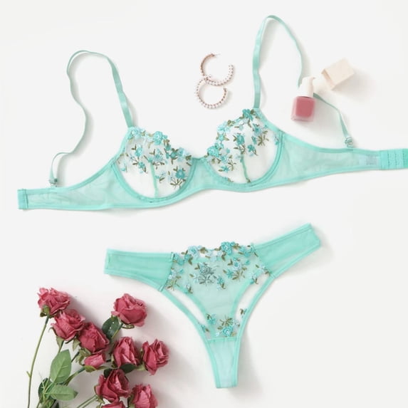 Asgosdo Women Lingerie Sets Lace Floral Embroidered Adjustable Spaghetti Strap 2 Piece Wireless Bras and Panties Set