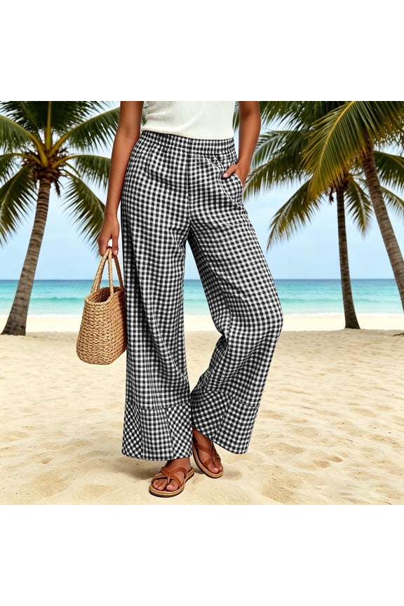Women Pants Grid High Waisted Wide Straight Wide Leg Loose Fit Casual Comfy Palazzo with Pockets