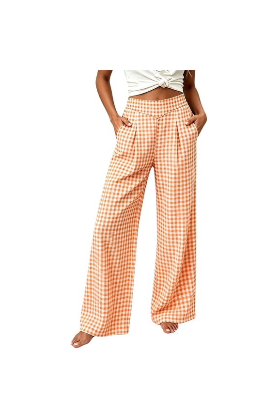 Women Pants High Waisted Grid Wide Straight Leg Palazzo Casual Soft Trousers with Pockets