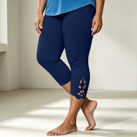Asgosdo Women Plus Size Lace Hem Capri Leggings High Waist Stretch Solid Casual Cropped Pants