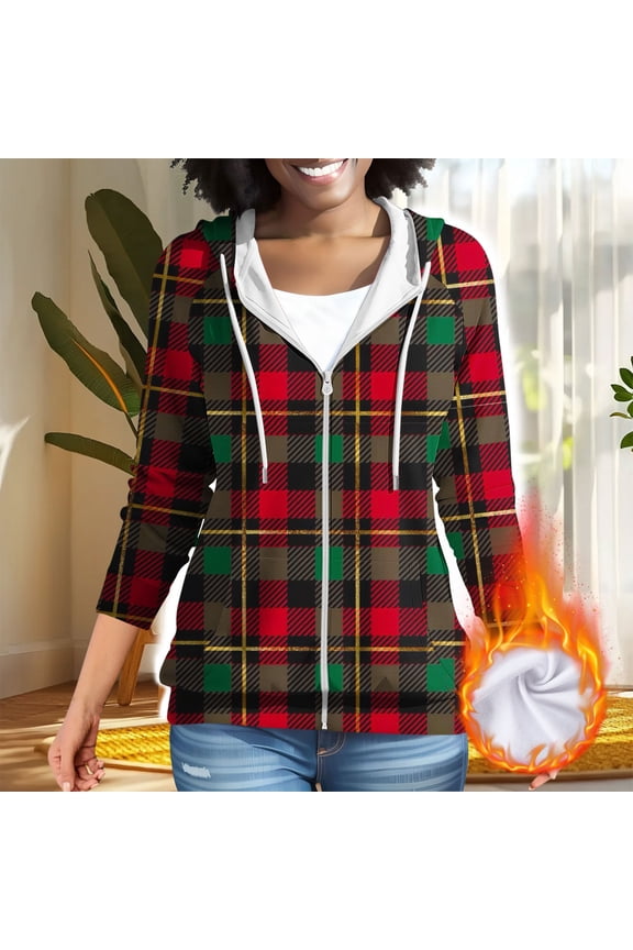 Women Red Green Tartan Plaid Full Zip Drawstring Hooded Warm Casual Jacket Coat