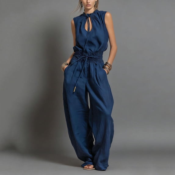 Asgosdo Women Rompers Sleeveless Cutout Drawstring Wide Straight Leg Casual Dressy Jumpsuits with Pockets