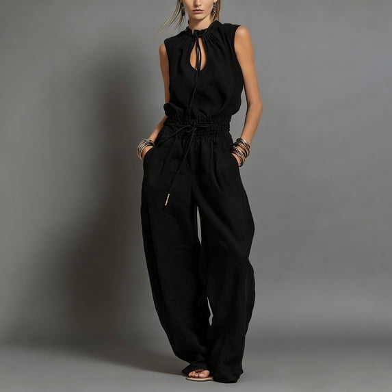 Asgosdo Women Rompers Sleeveless Cutout Drawstring Wide Straight Leg Casual Dressy Jumpsuits with Pockets